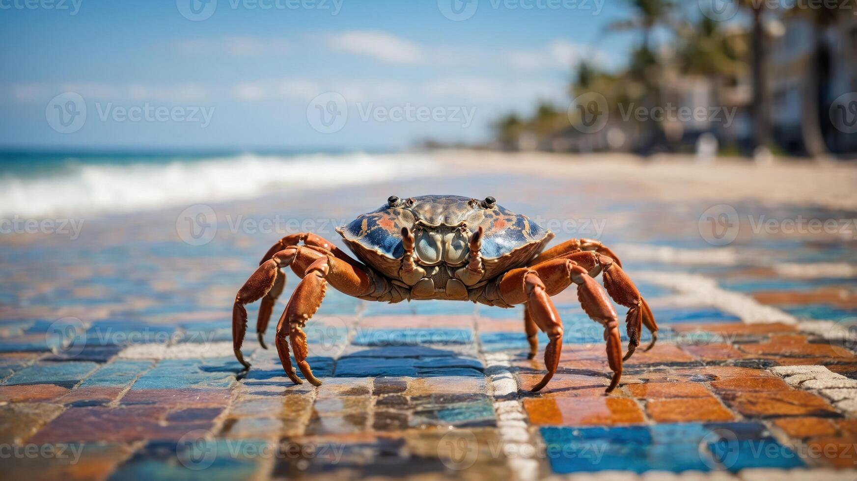 A crab walks along a colorful tiled path by the beach under a clear blue sky. photo