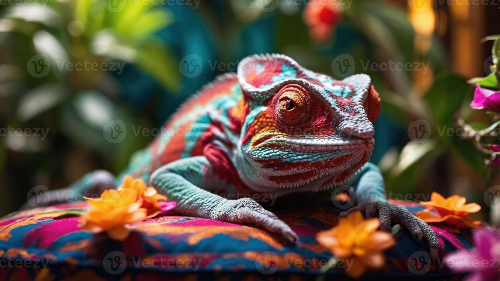 A colorful chameleon resting on a vibrant cushion surrounded by flowers. photo