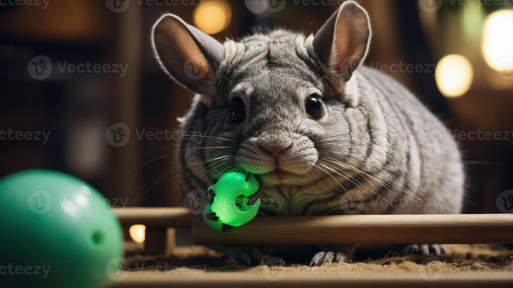 A cute gray chinchilla playing with a green toy and a ball. photo