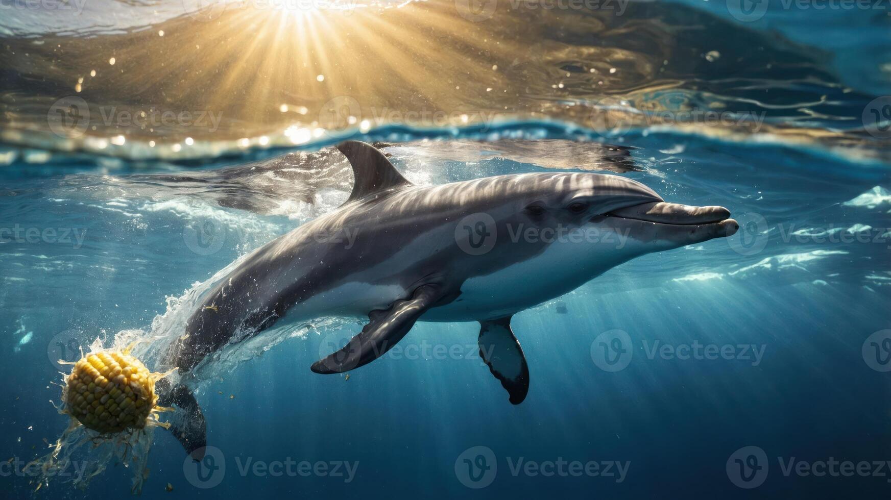A dolphin swims gracefully underwater, playing with a pineapple, illuminated by sunlight. photo