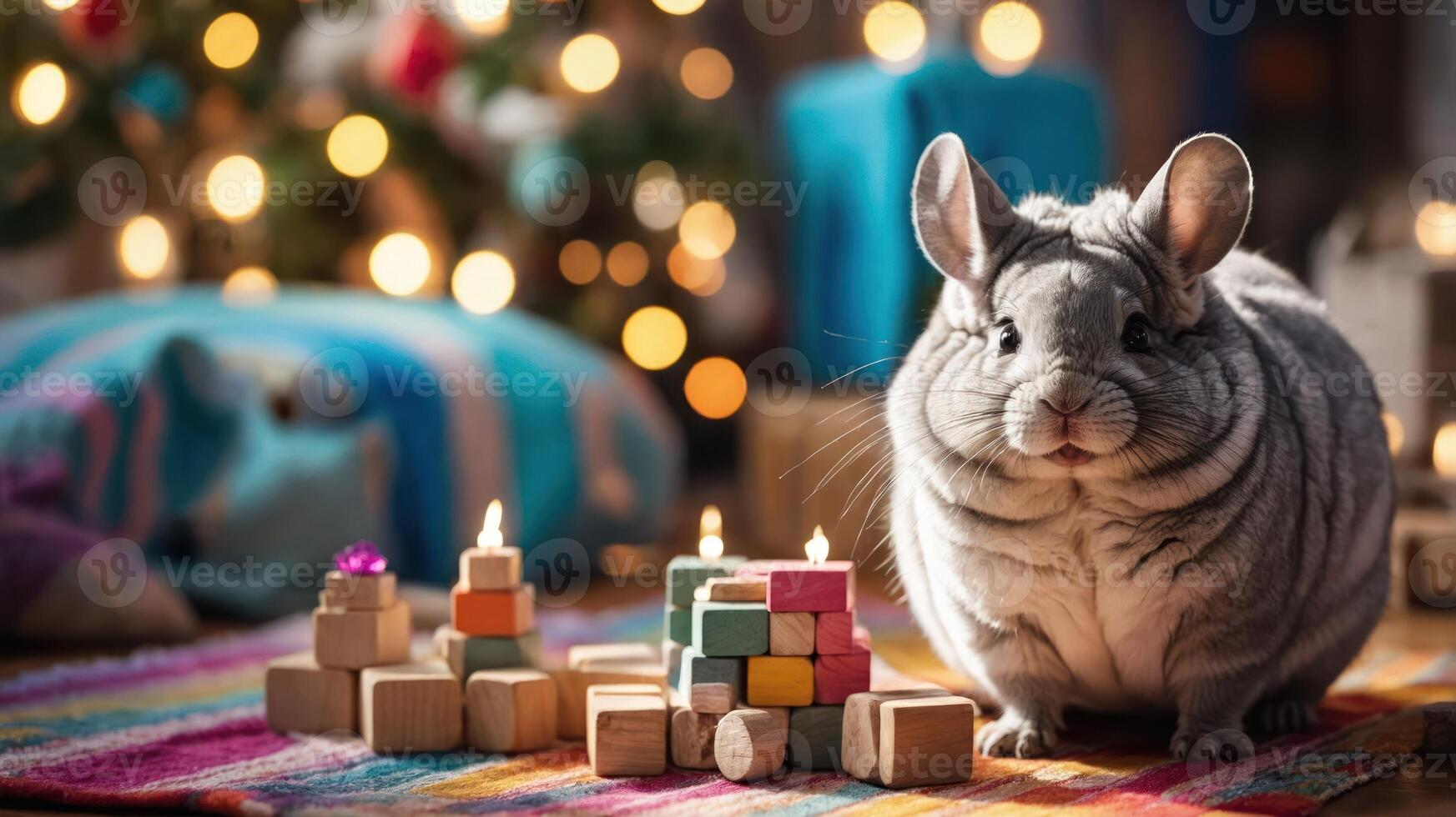 A cute chinchilla sits beside colorful wooden blocks and candles, creating a cozy atmosphere. photo
