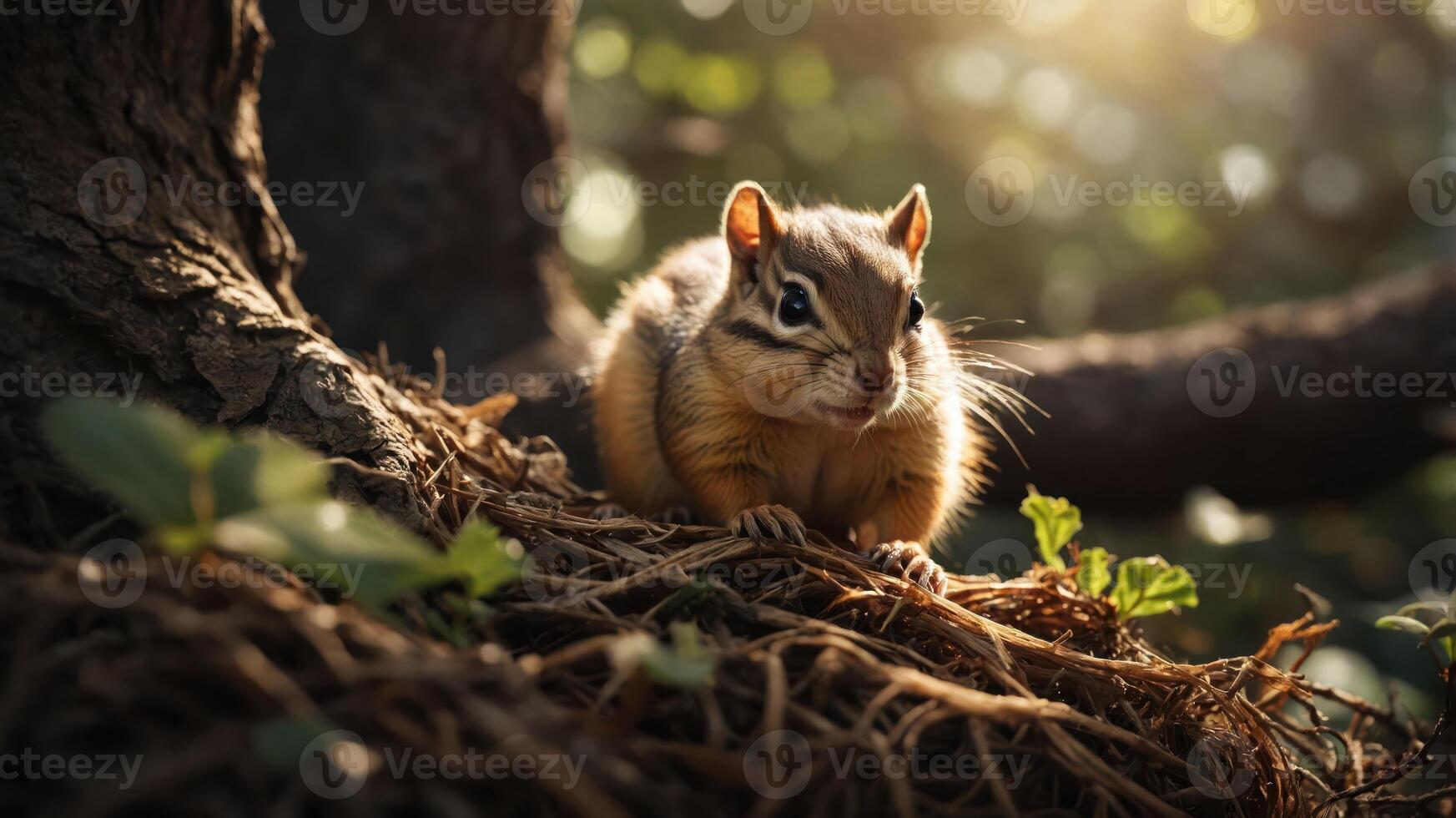 A chipmunk perched on a nest, surrounded by greenery and soft sunlight. photo