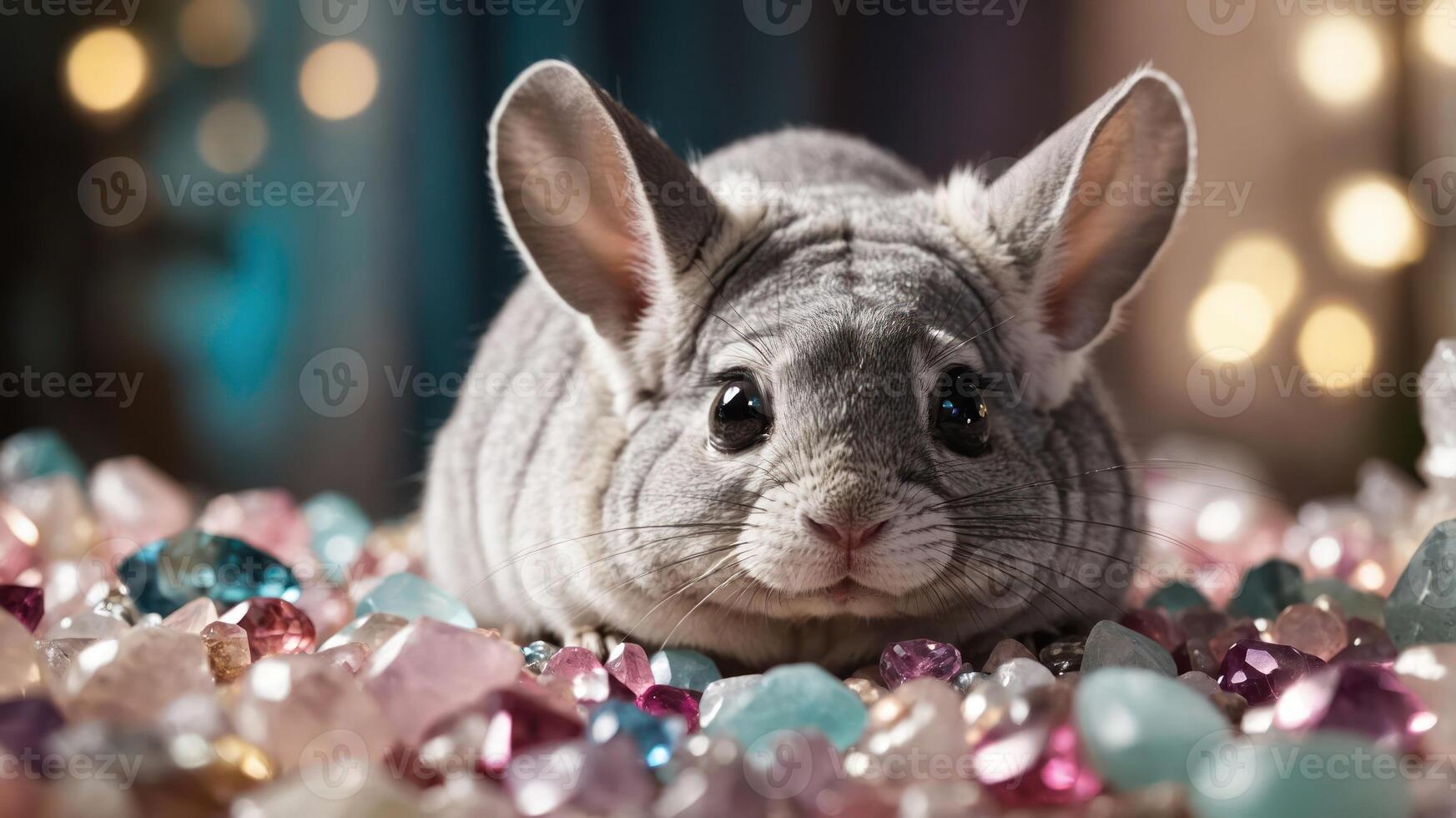 A cute gray chinchilla resting among colorful gemstones, creating a whimsical scene. photo