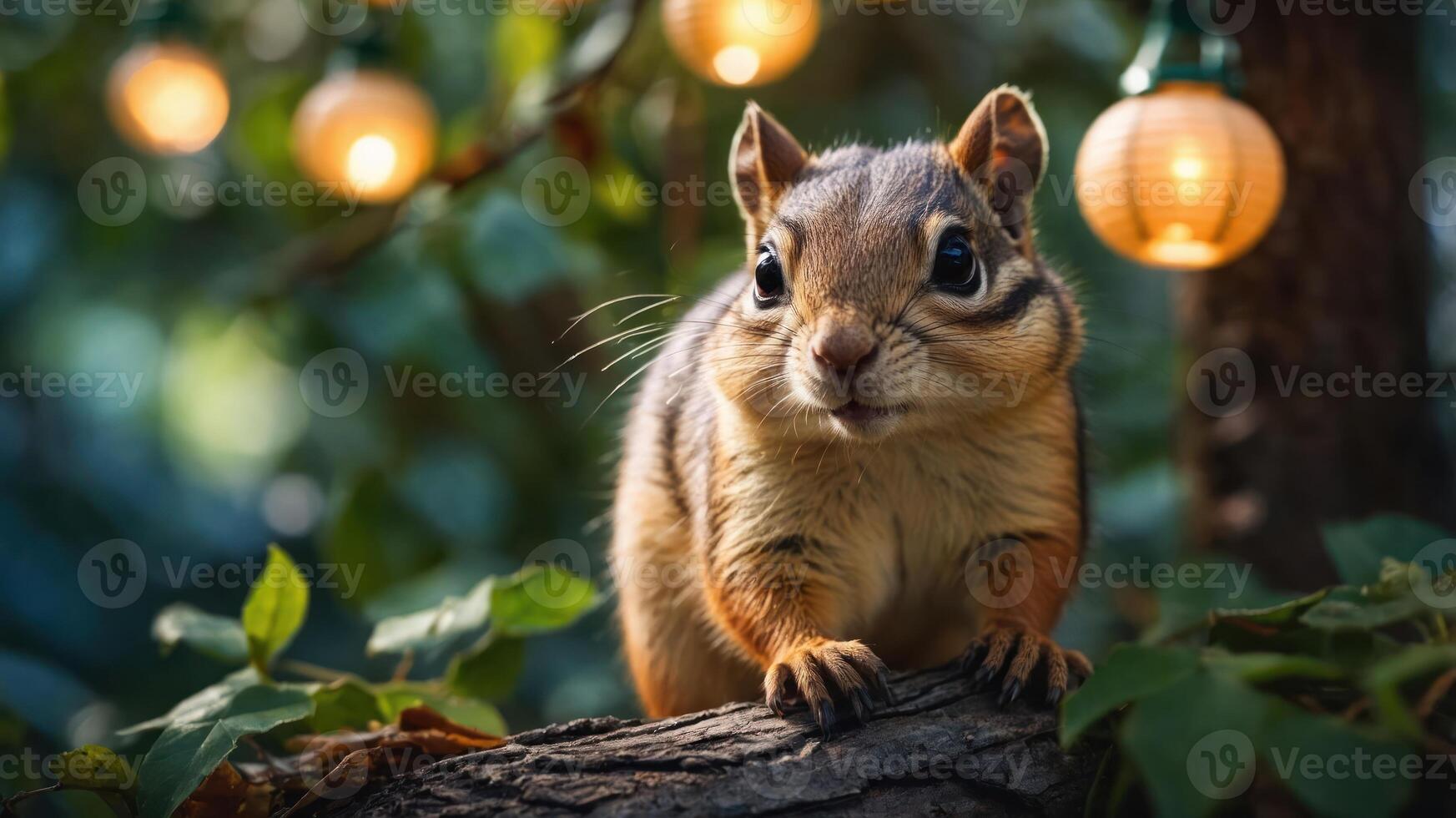 A close-up of a chipmunk on a log, surrounded by greenery and glowing lanterns. photo
