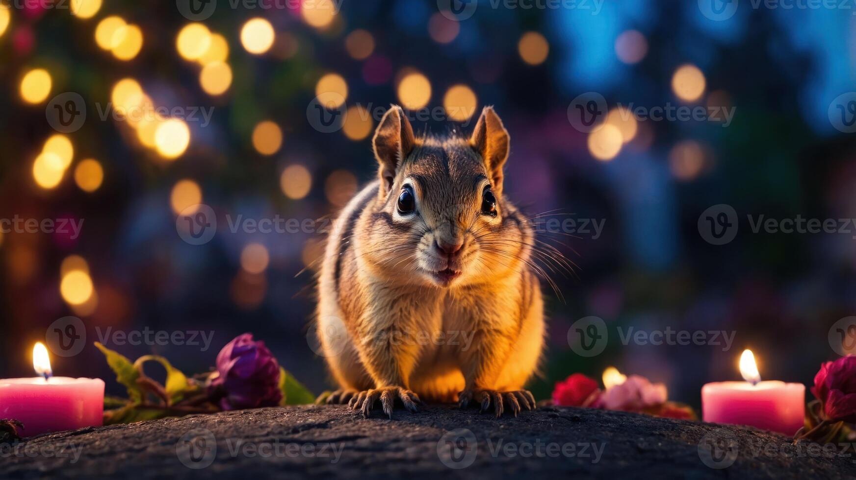 A charming chipmunk surrounded by candles and flowers in a softly lit setting. photo