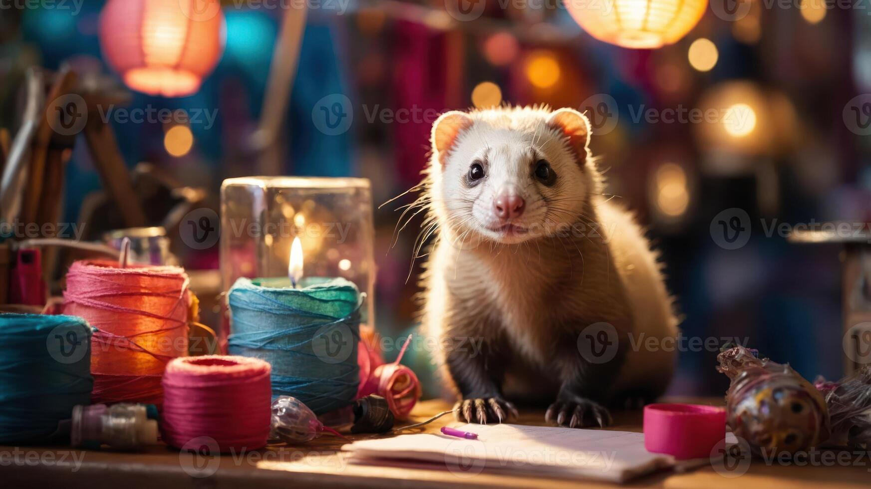 A charming ferret sits at a colorful crafting table surrounded by threads and a candle. photo
