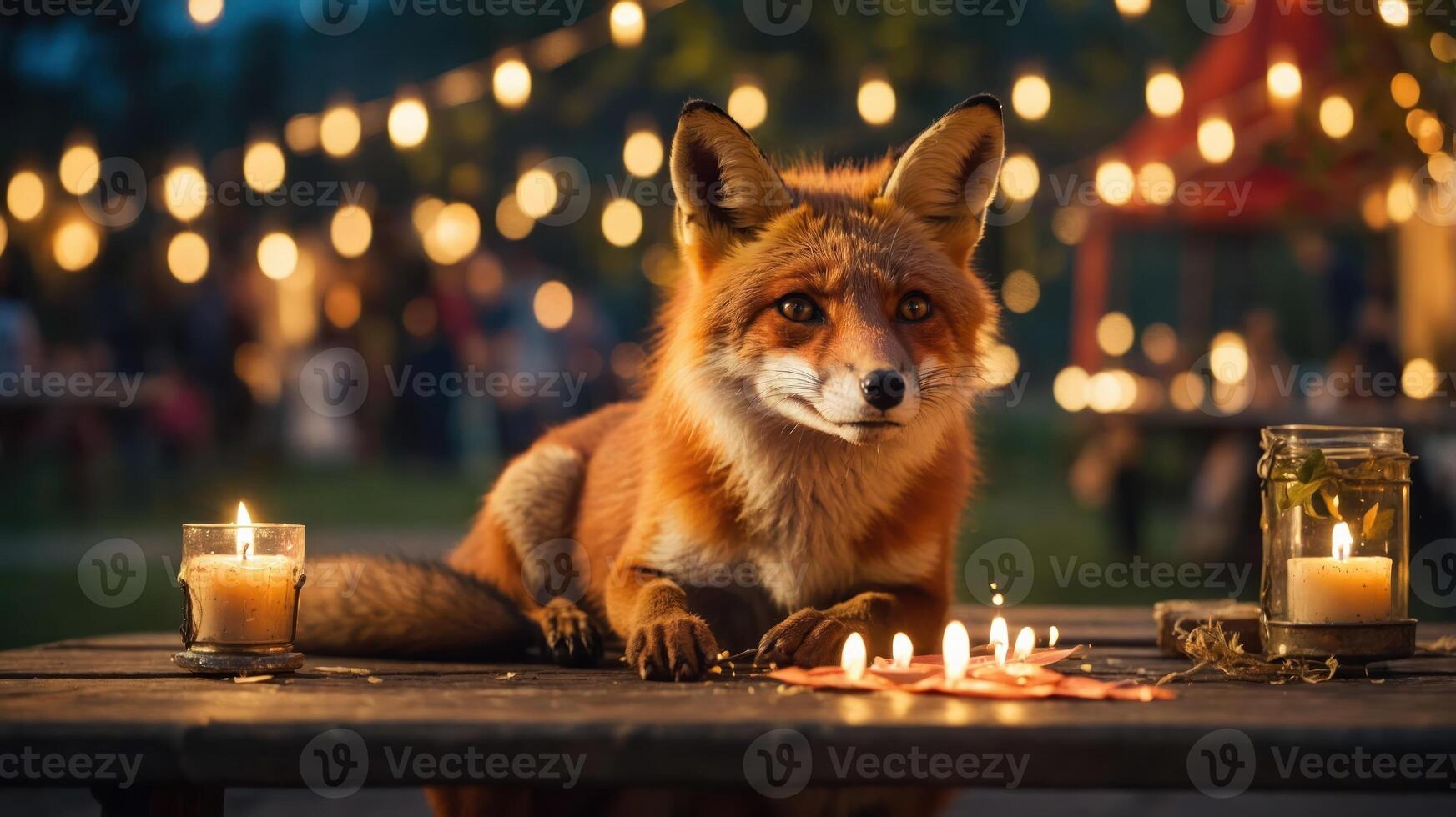 A fox sitting at a table with candles and lights, creating a cozy atmosphere. photo