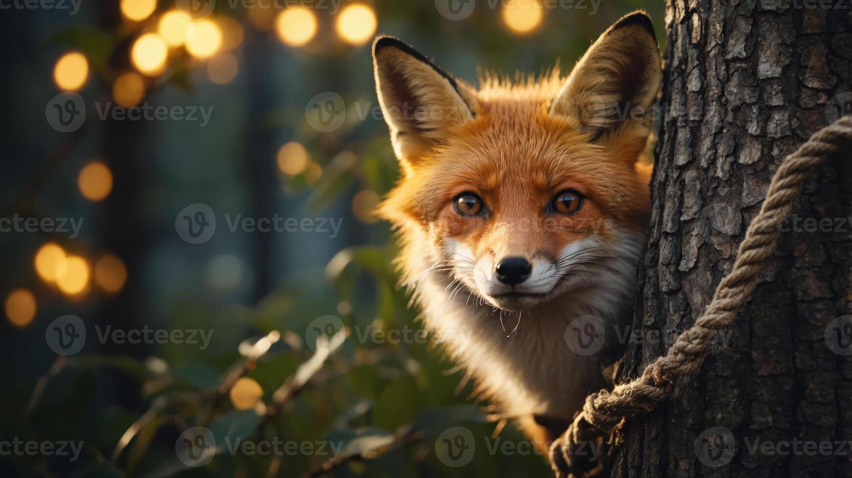 A fox peeks from behind a tree, surrounded by a softly lit forest atmosphere. photo