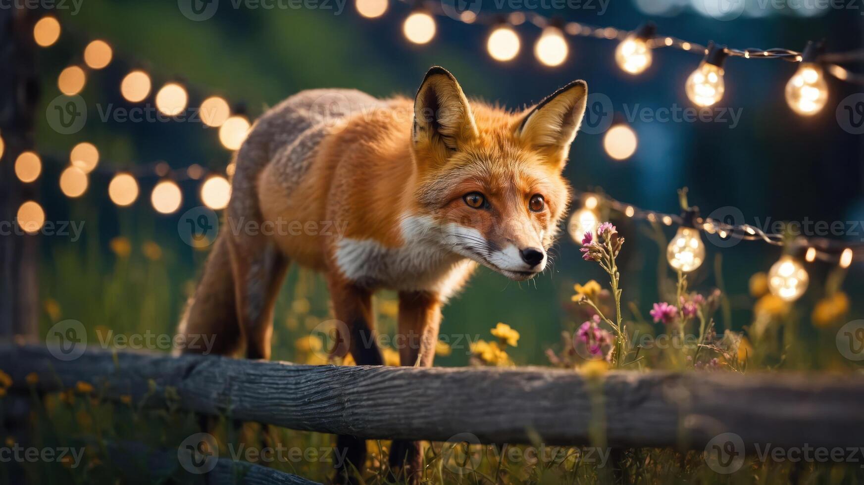 A fox perched on a wooden fence, surrounded by glowing string lights and flowers. photo