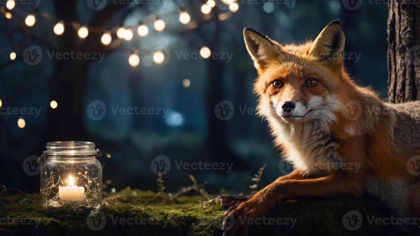 A serene fox rests beside a glowing candle in a jar amidst a forest setting. photo