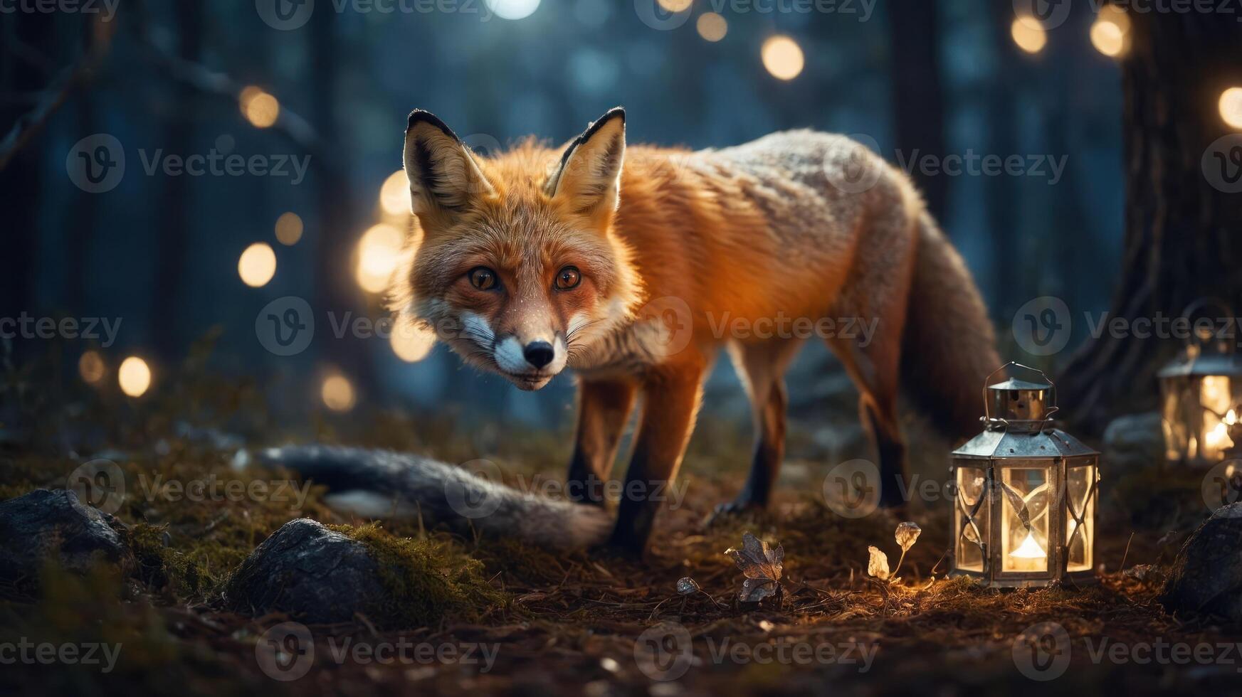 A fox stands in a mystical forest, illuminated by lanterns and soft glowing lights. photo