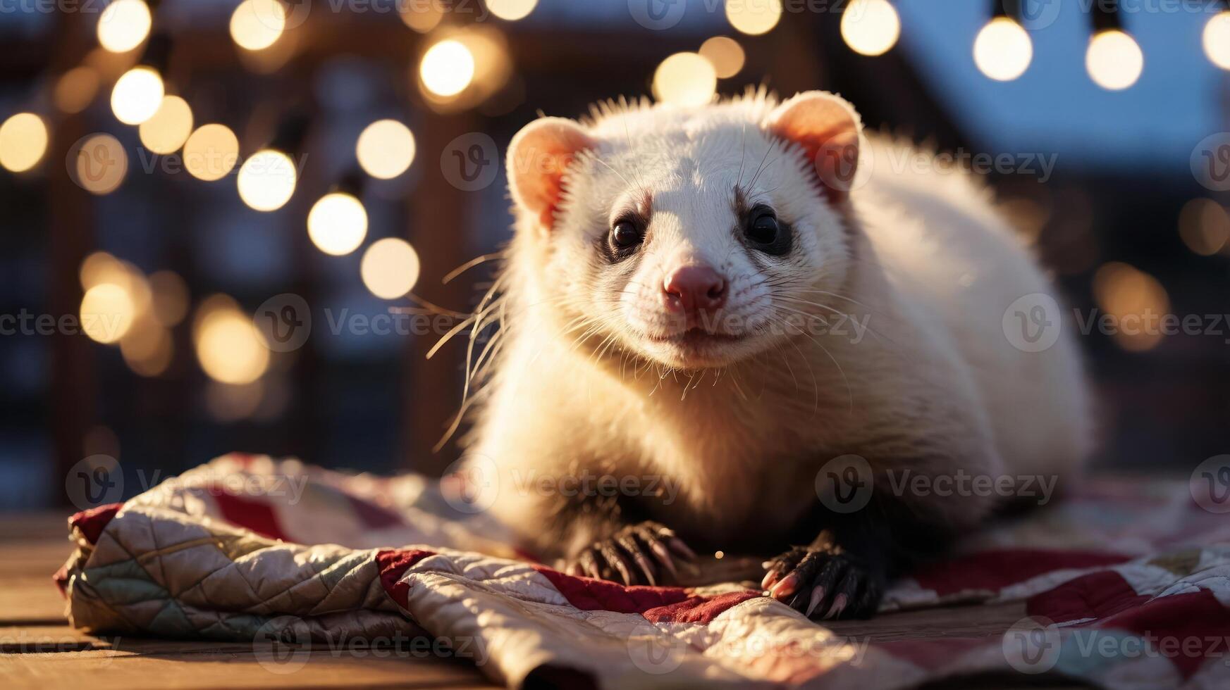 A close-up of a cute, white ferret resting on a quilt with twinkling lights in the background. photo