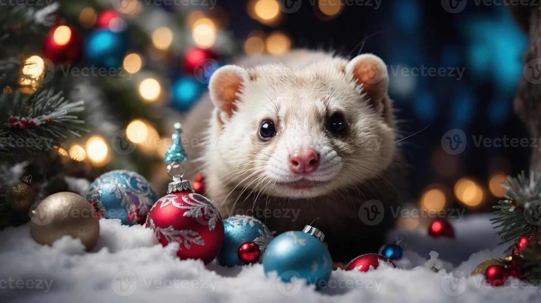 A cute ferret surrounded by colorful Christmas ornaments and festive decorations. photo