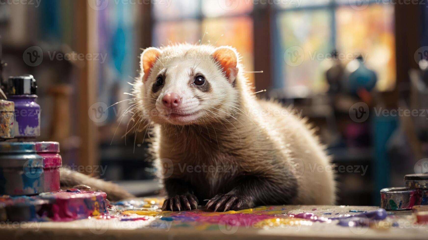 A cute ferret curiously exploring a colorful art studio filled with paint cans. photo