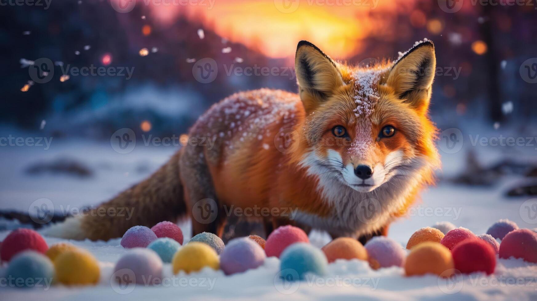 A fox stands in the snow surrounded by colorful snowballs, creating a whimsical winter scene. photo