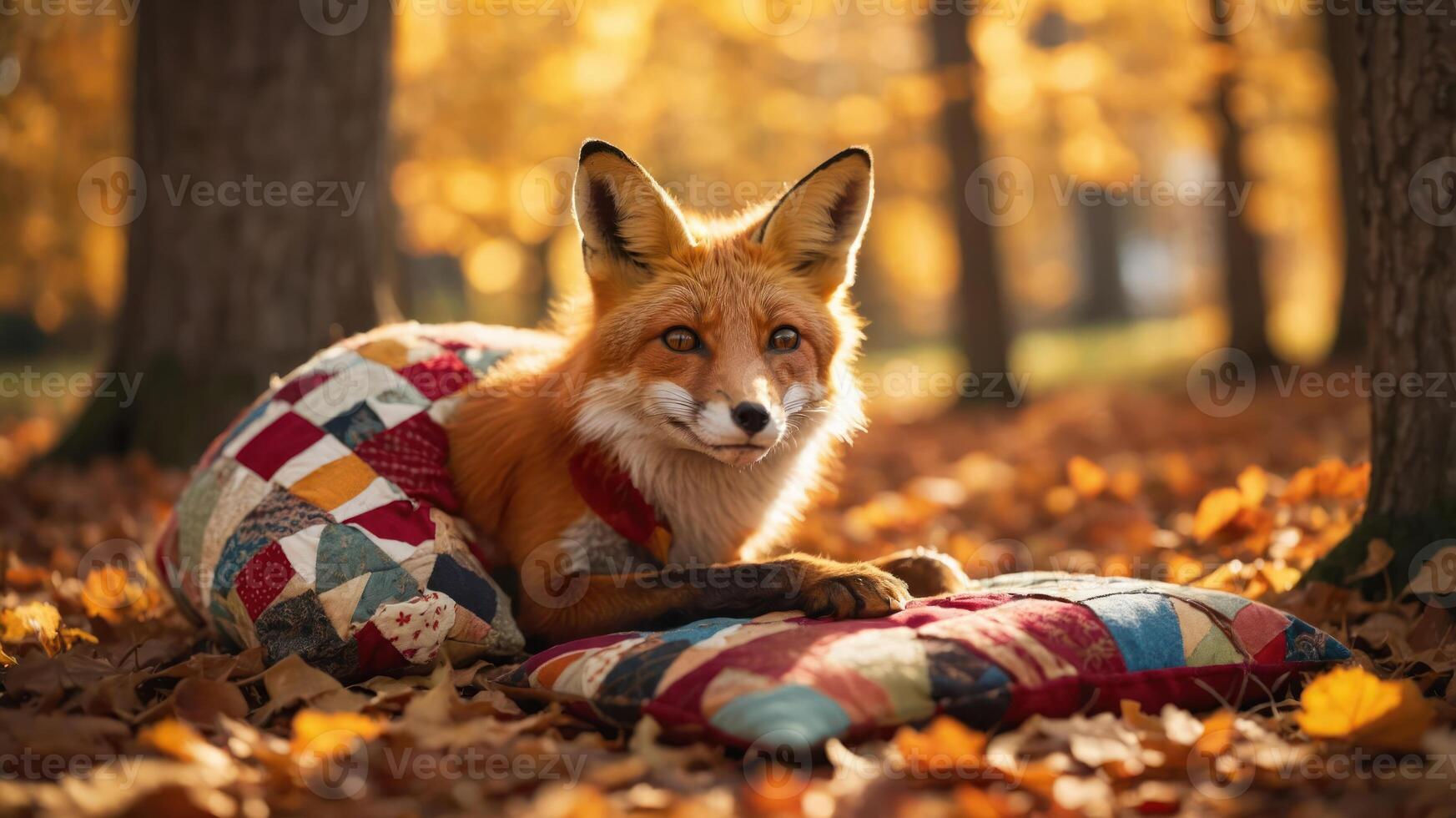 A fox lounging on colorful pillows amidst autumn leaves in a serene forest setting. photo