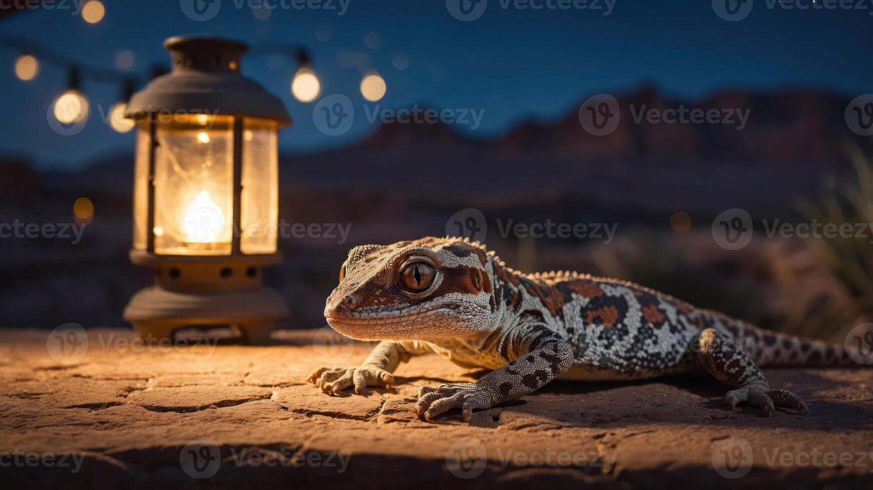 A gecko rests beside a lantern in a serene outdoor setting at dusk. photo