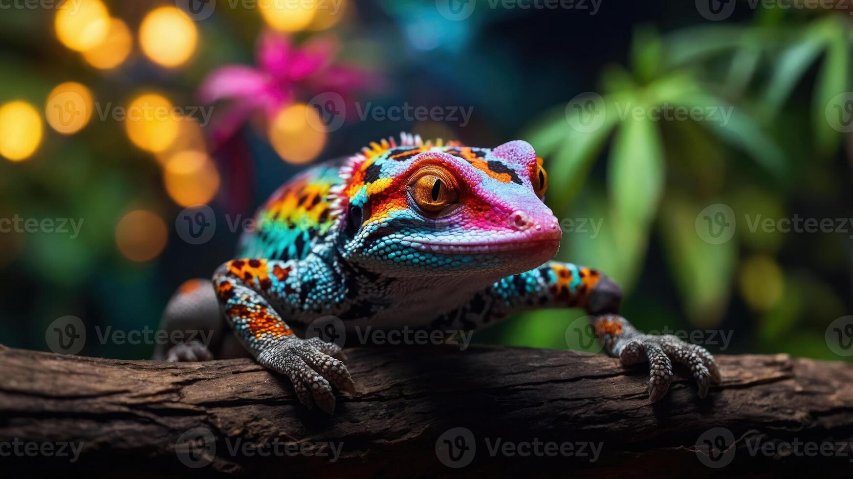 A vibrant, colorful lizard resting on a branch amidst lush foliage and soft lighting. photo