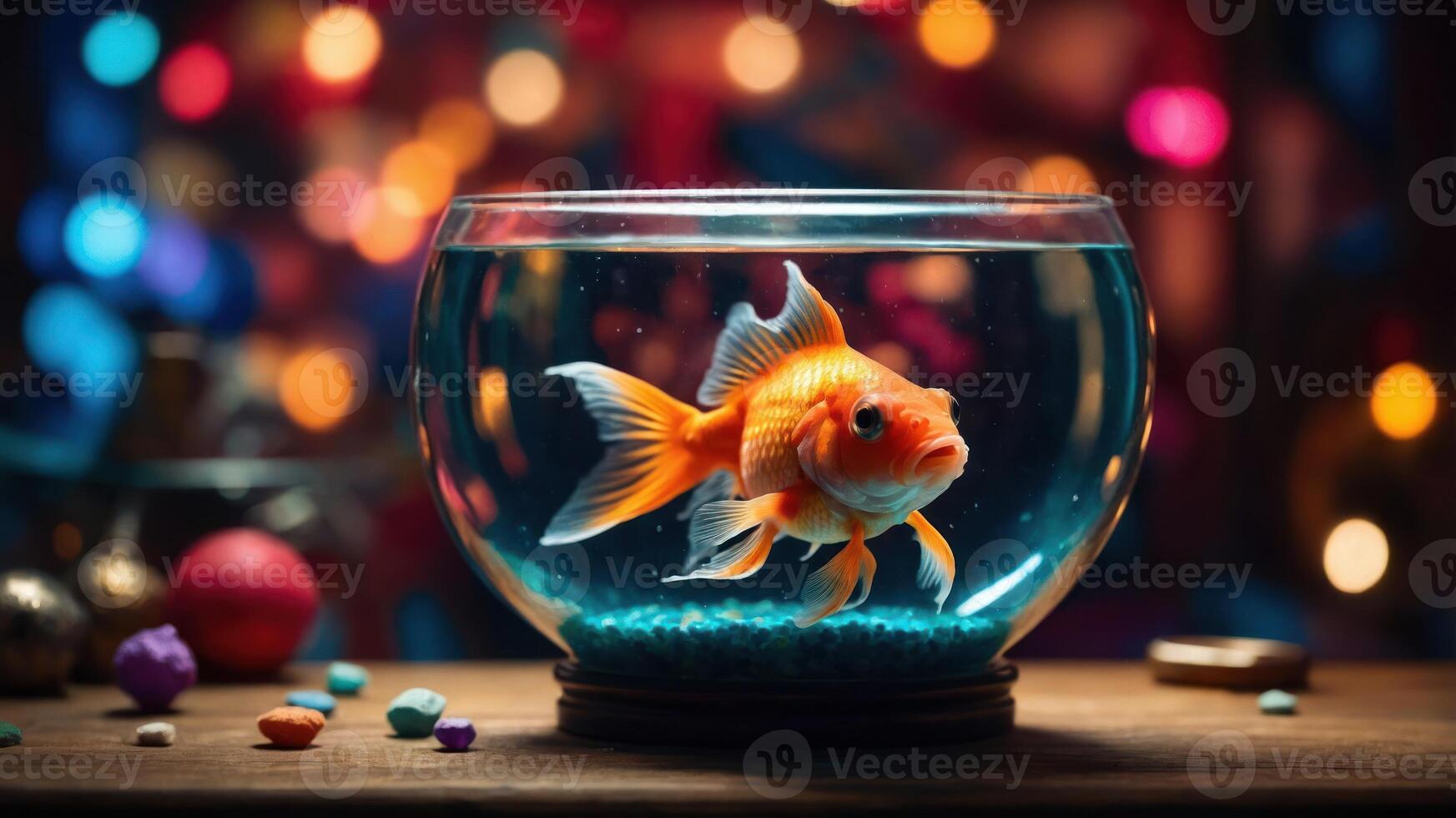 A goldfish swims in a bowl, surrounded by colorful bokeh lights and decorative items. photo