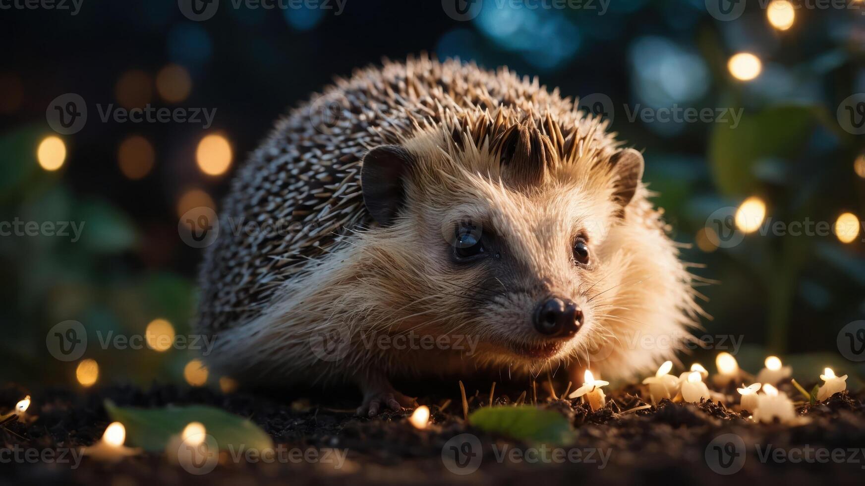 A hedgehog surrounded by soft lights and greenery, creating a cozy atmosphere. photo