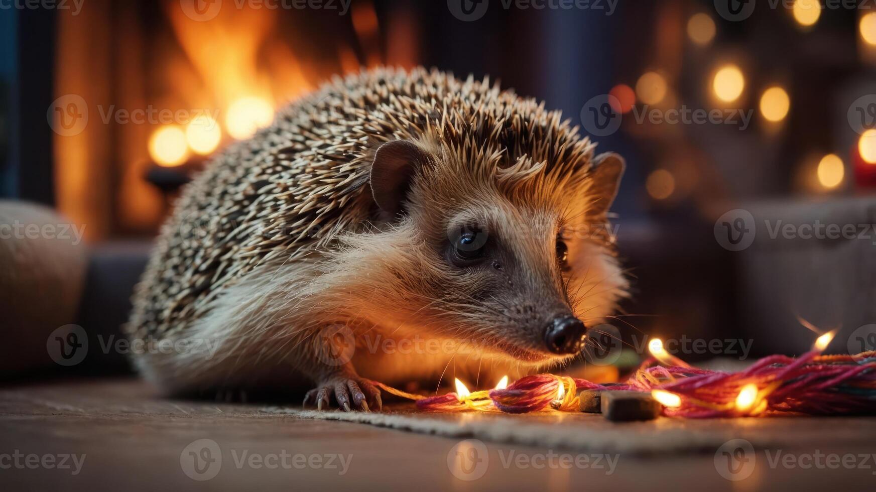 A hedgehog sits among colorful string lights, creating a cozy atmosphere. photo