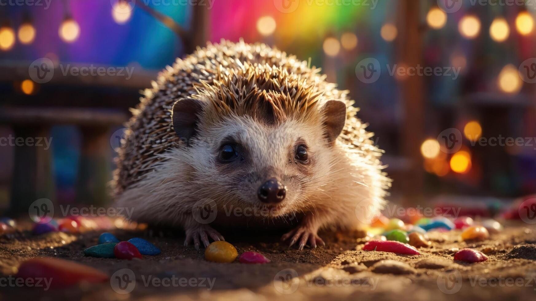A cute hedgehog surrounded by colorful candies in a whimsical setting. photo