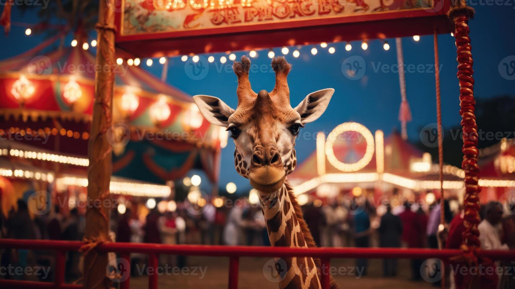 A giraffe stands at a carnival, surrounded by colorful lights and a festive atmosphere. photo