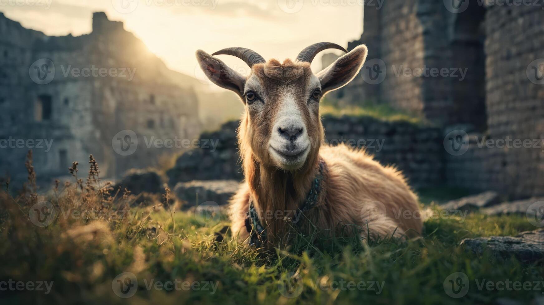 A goat resting in a grassy area near ancient ruins during sunset. photo