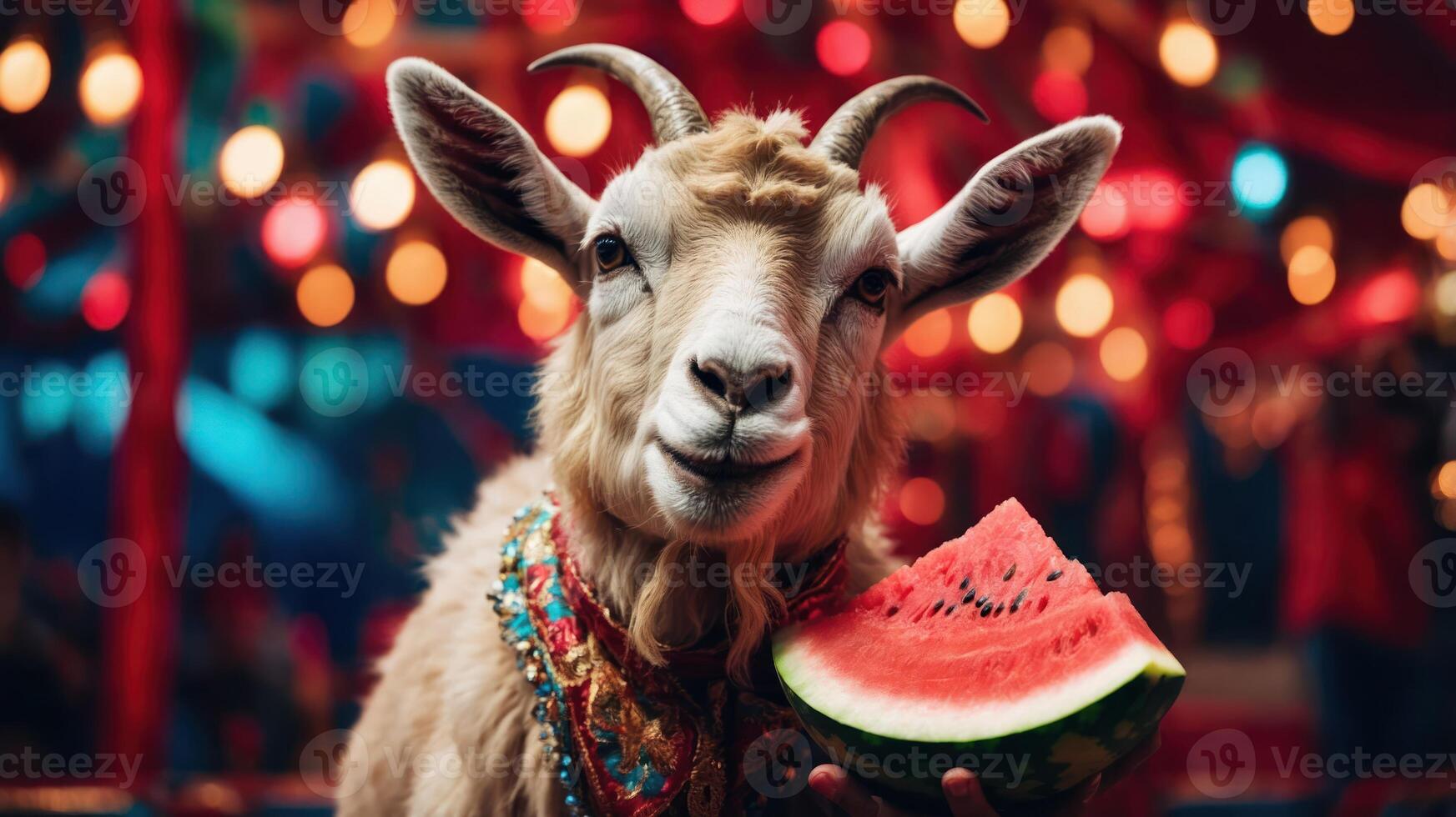 A goat wearing a colorful necklace holds a slice of watermelon, set against festive lights. photo