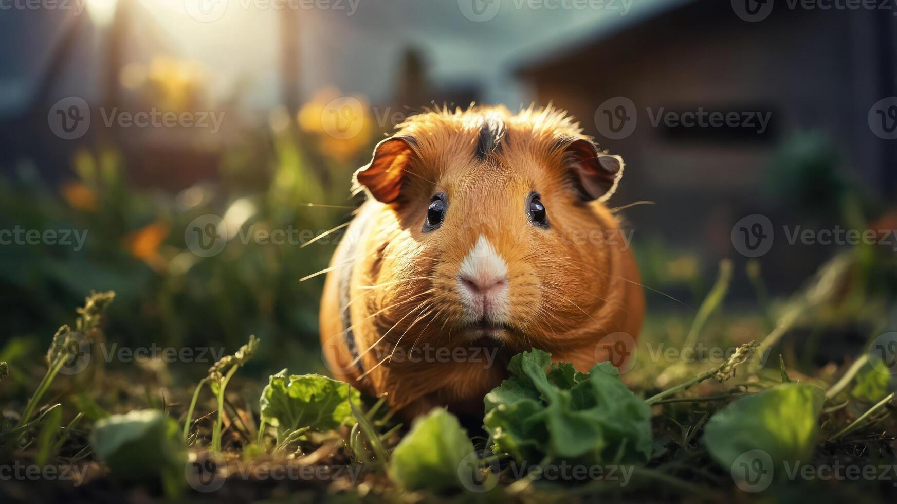 A cute guinea pig foraging among fresh greens in a sunny outdoor setting. photo