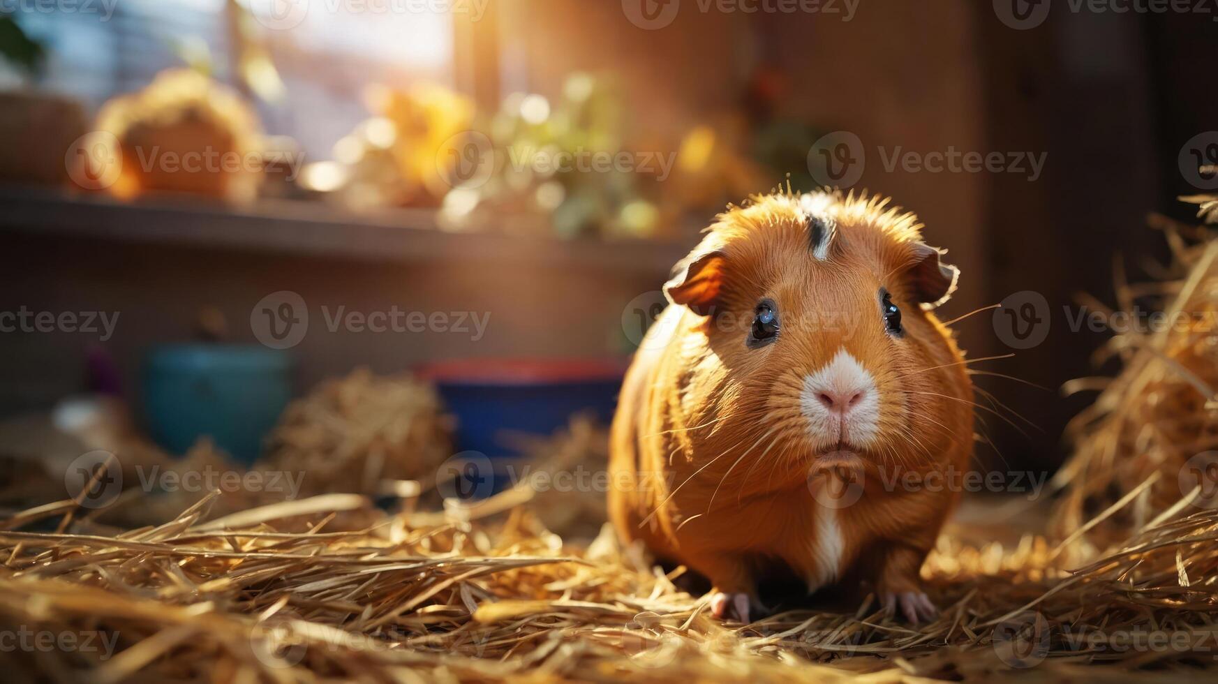 A close-up of a guinea pig in a cozy, straw-filled environment with warm lighting. photo