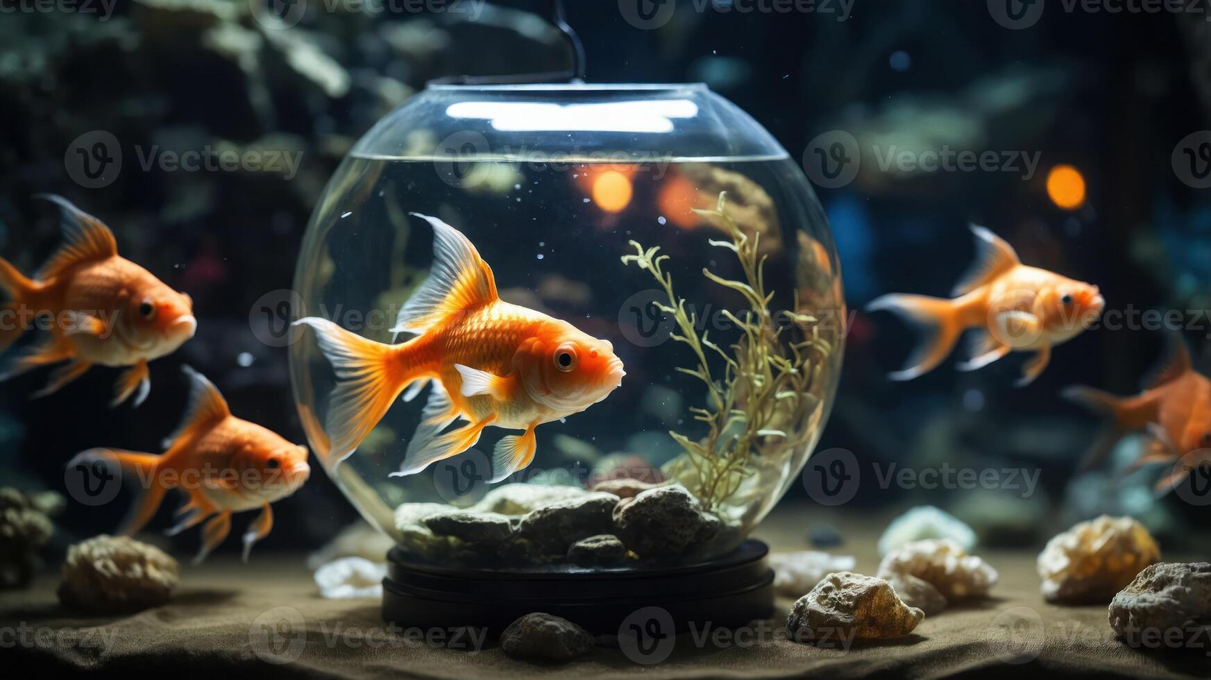 A serene aquarium scene featuring goldfish swimming in a glass bowl with decorative elements. photo