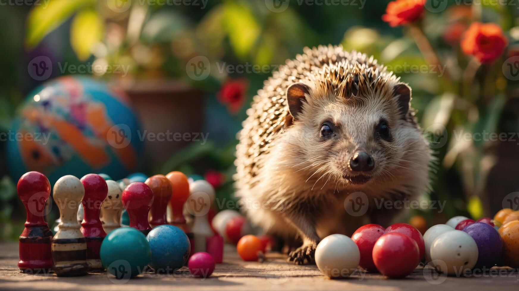 A hedgehog surrounded by colorful balls and wooden figures in a vibrant outdoor setting. photo
