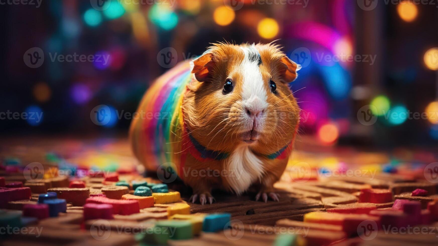 A colorful guinea pig surrounded by vibrant blocks and festive lights. photo