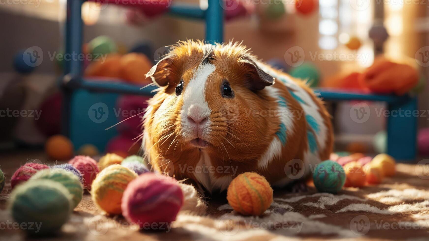 A cute guinea pig surrounded by colorful yarn balls in a cozy indoor setting. photo