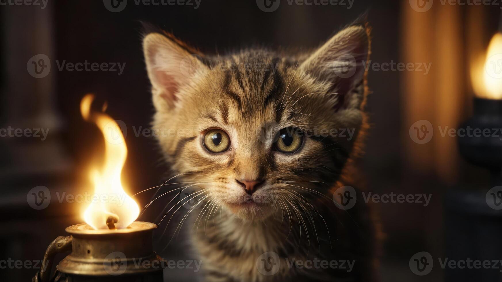 A curious kitten gazes at a flickering candlelight. photo