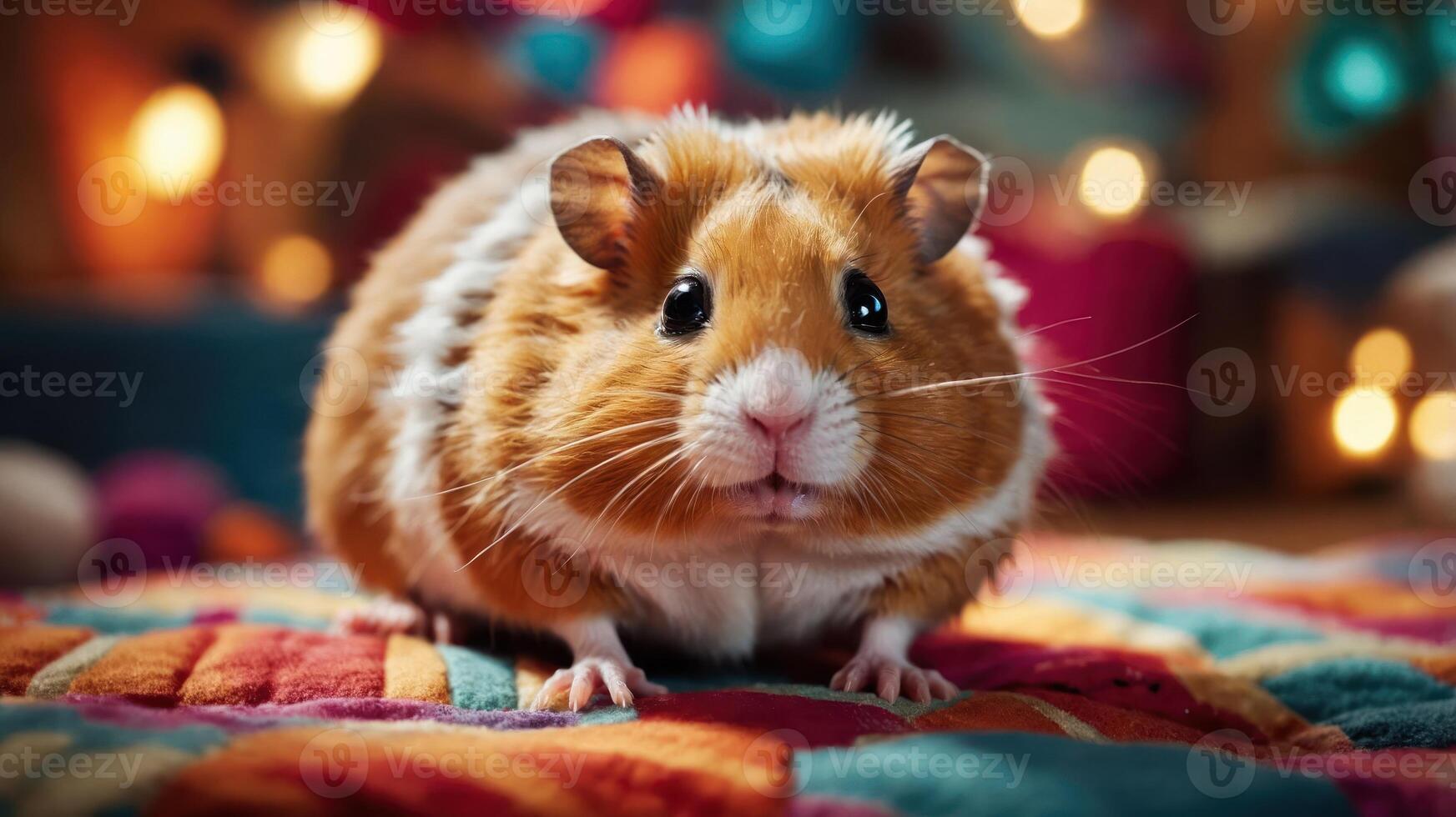 A cute, fluffy guinea pig sitting on a colorful patterned blanket with festive lights in the background. photo