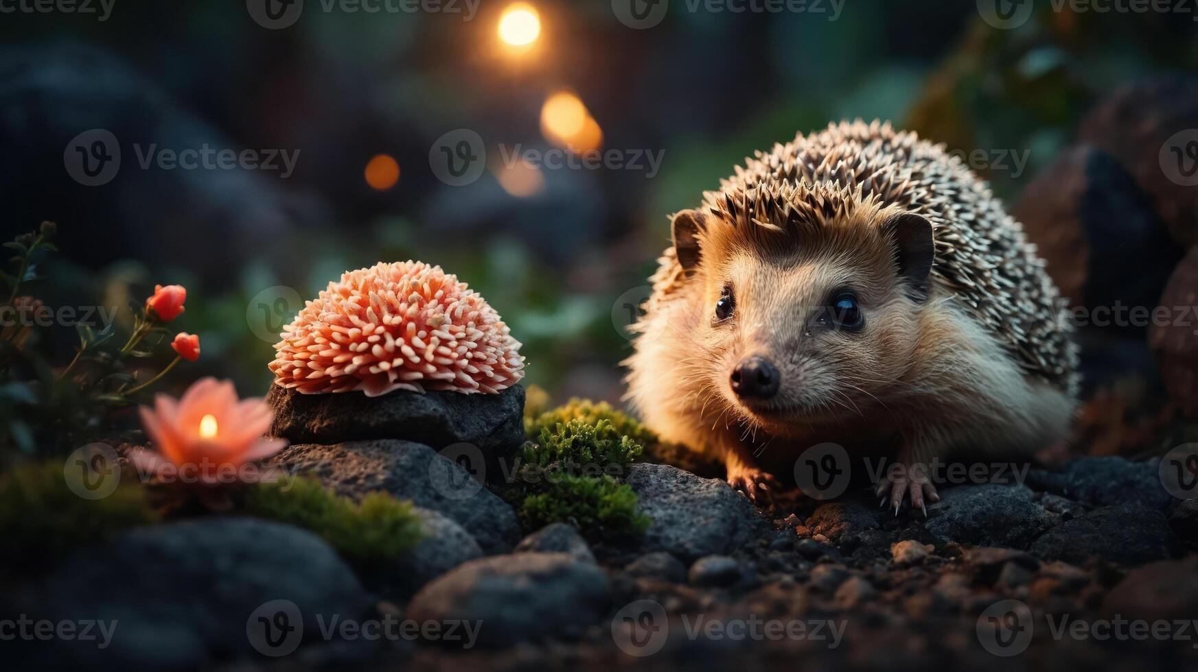 A hedgehog surrounded by flowers and rocks in a serene, magical setting. photo