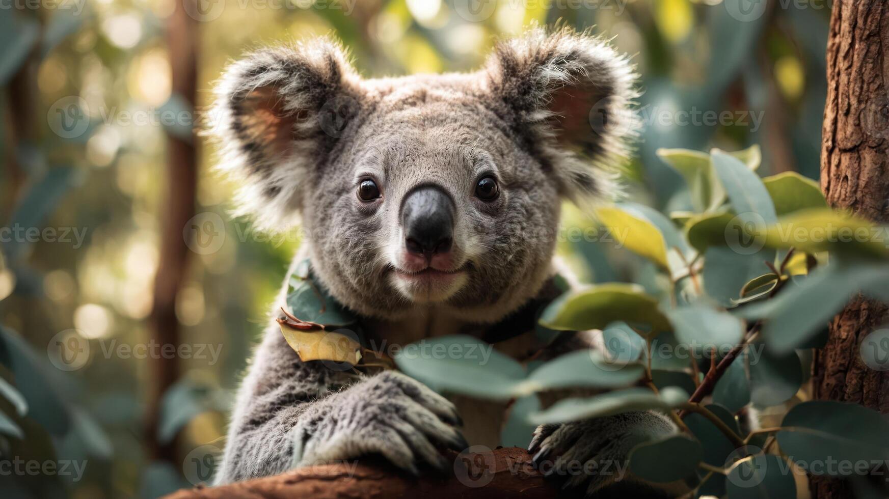 A close-up of a koala among green leaves, showcasing its features in a natural habitat. photo