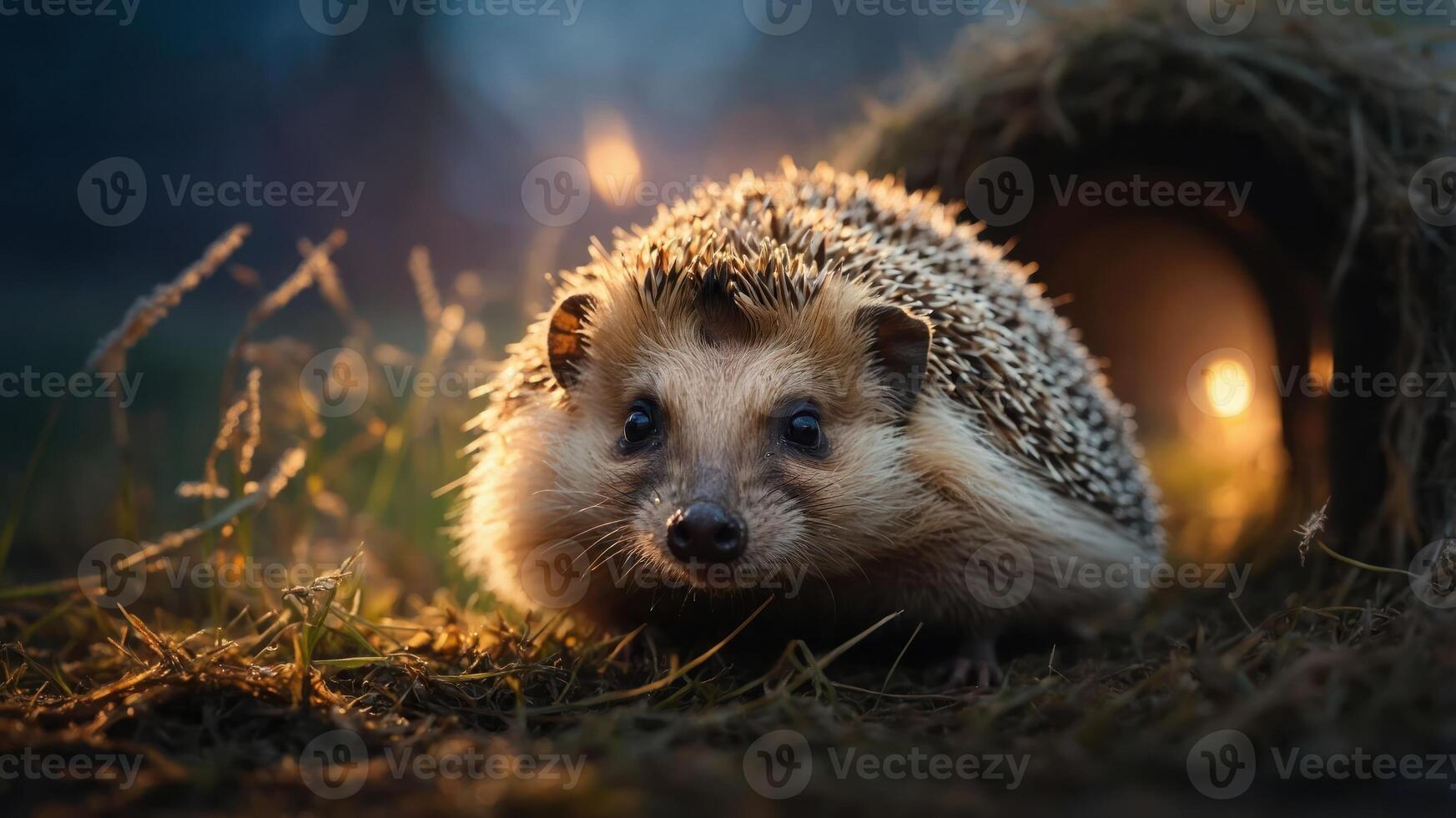 A hedgehog exploring its surroundings near a cozy burrow at dusk. photo