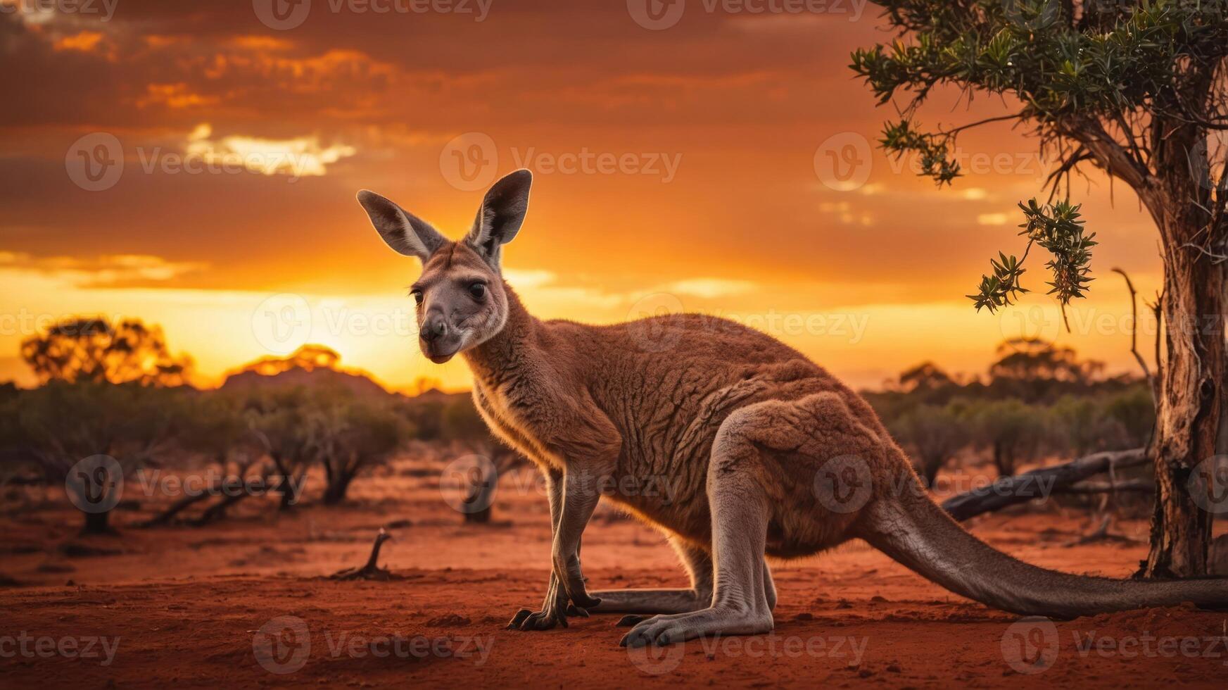 A kangaroo stands in a reddish landscape during a vibrant sunset. photo