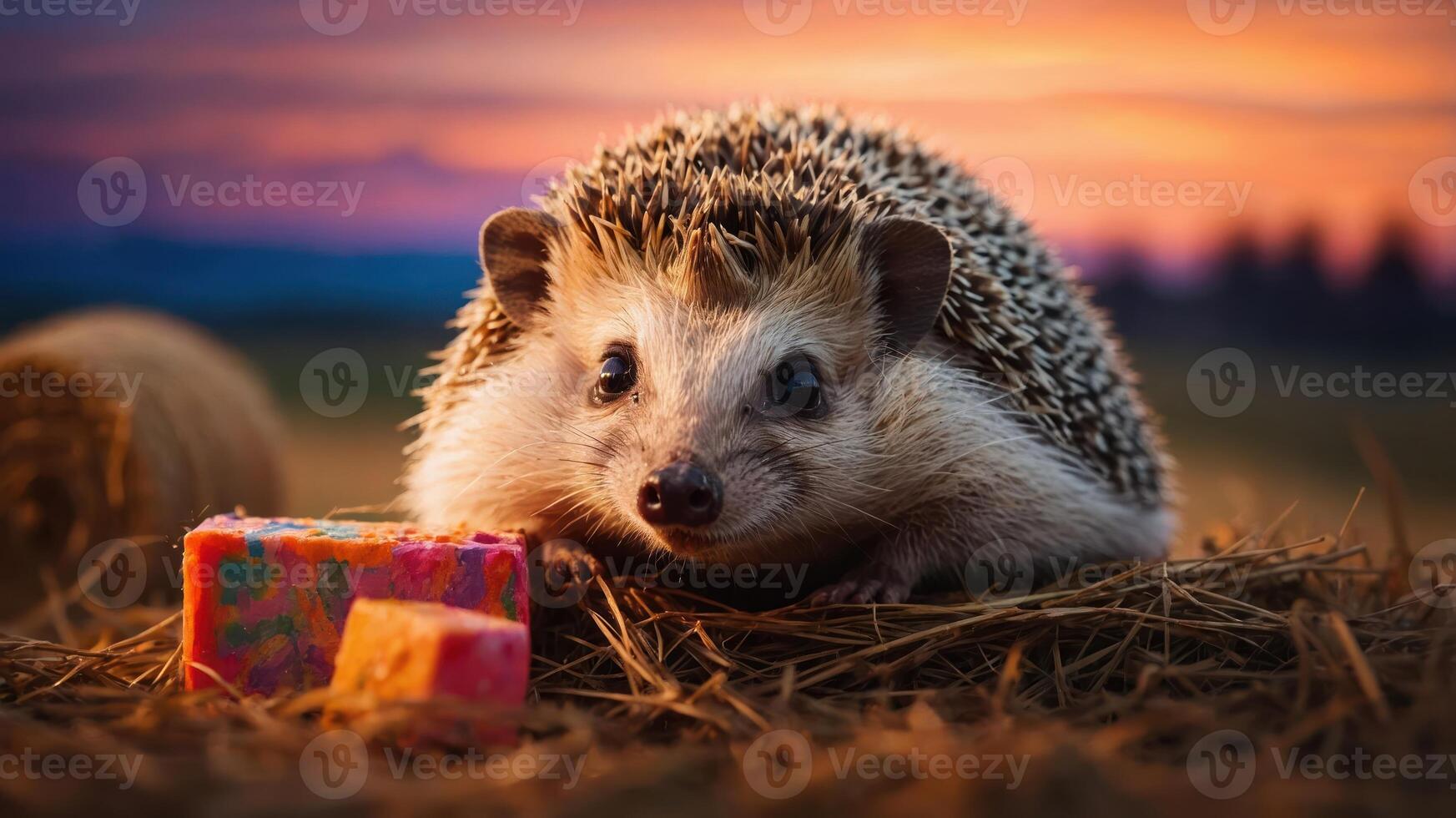 A hedgehog resting on straw with colorful soaps at sunset. photo
