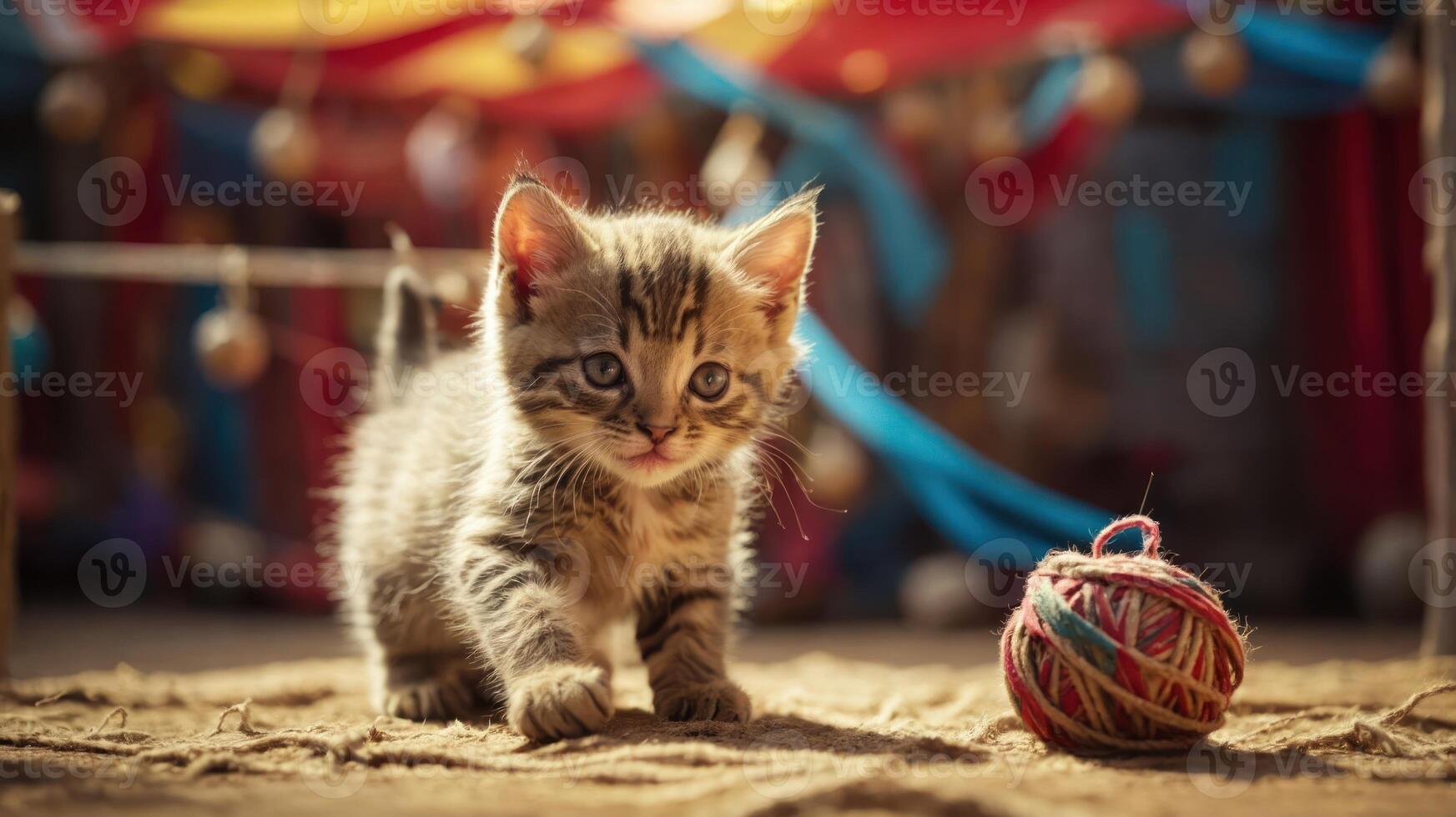 A playful kitten exploring a colorful environment with a yarn ball nearby. photo