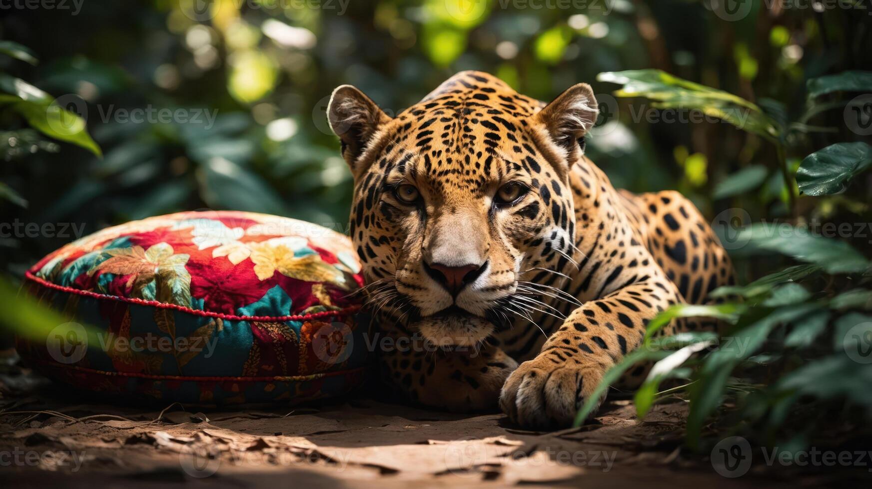 A resting jaguar beside a colorful cushion in a lush green environment. photo