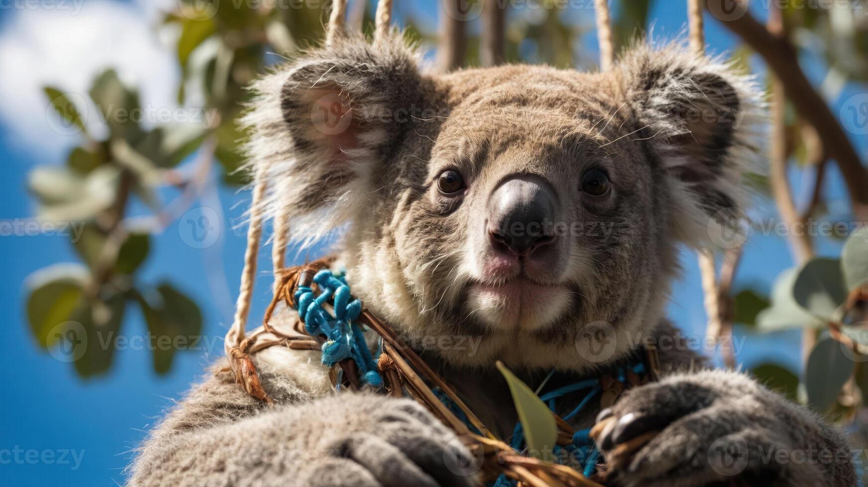 A close-up of a koala perched in a tree, showcasing its expressive features and natural habitat. photo