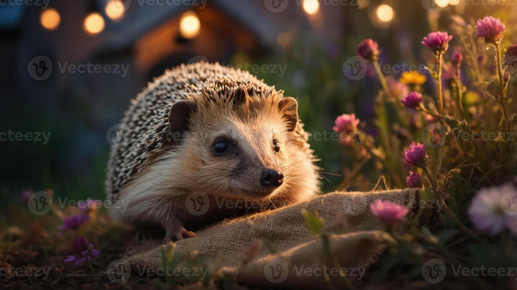 A hedgehog exploring a garden with flowers and soft lighting, creating a whimsical atmosphere. photo