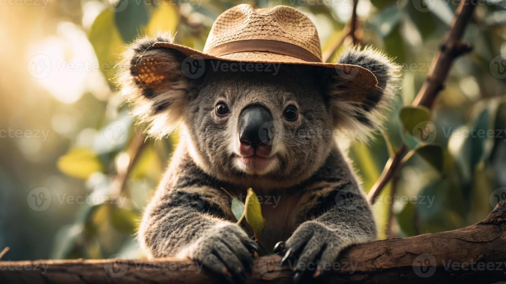 A koala wearing a straw hat, perched on a branch, surrounded by greenery. photo