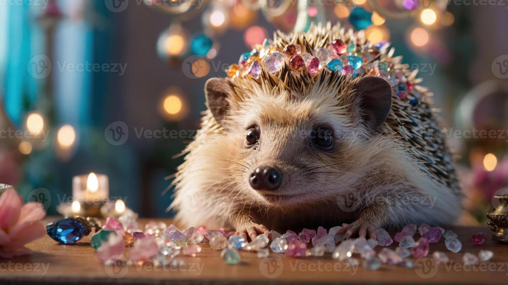 A hedgehog adorned with colorful gems, surrounded by sparkling decor and soft lighting. photo