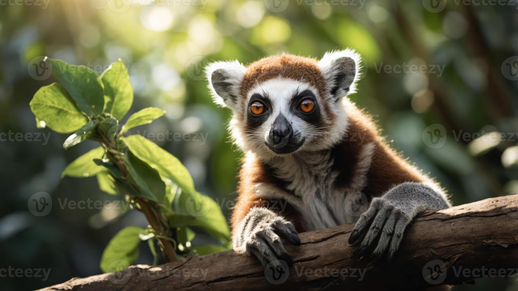 A close-up of a lemur perched on a branch, surrounded by lush greenery. photo