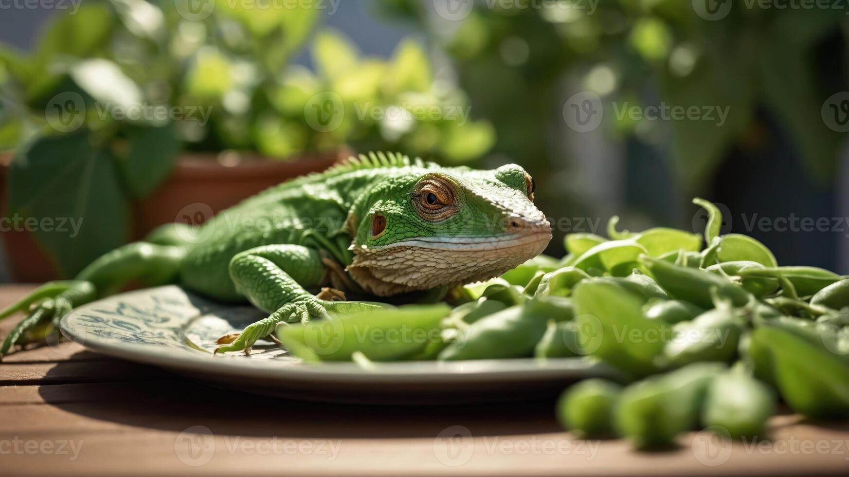 A vibrant green lizard resting on a plate with fresh peas, surrounded by greenery. photo